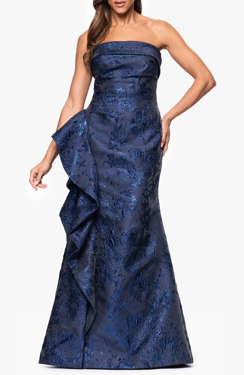 Xscape Evenings Strapless Ruffle Brocade Gown, Main, color, Navy