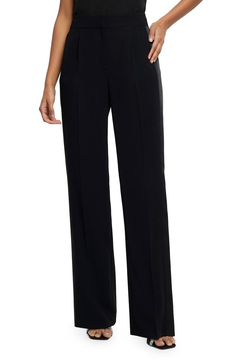 Satin Stripe Crepe Straight Leg Pants, Main, color, BLACK