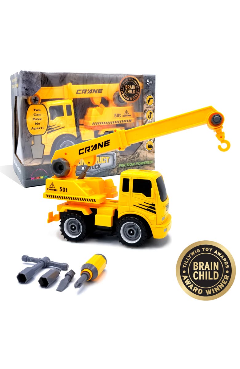 Mukikim Construct A Truck - Crane. Take it apart & put it back together + Friction powered(like 2-toys-in-1!) Awesome award winning toy that encourages creativity!, Main, color, Yellow