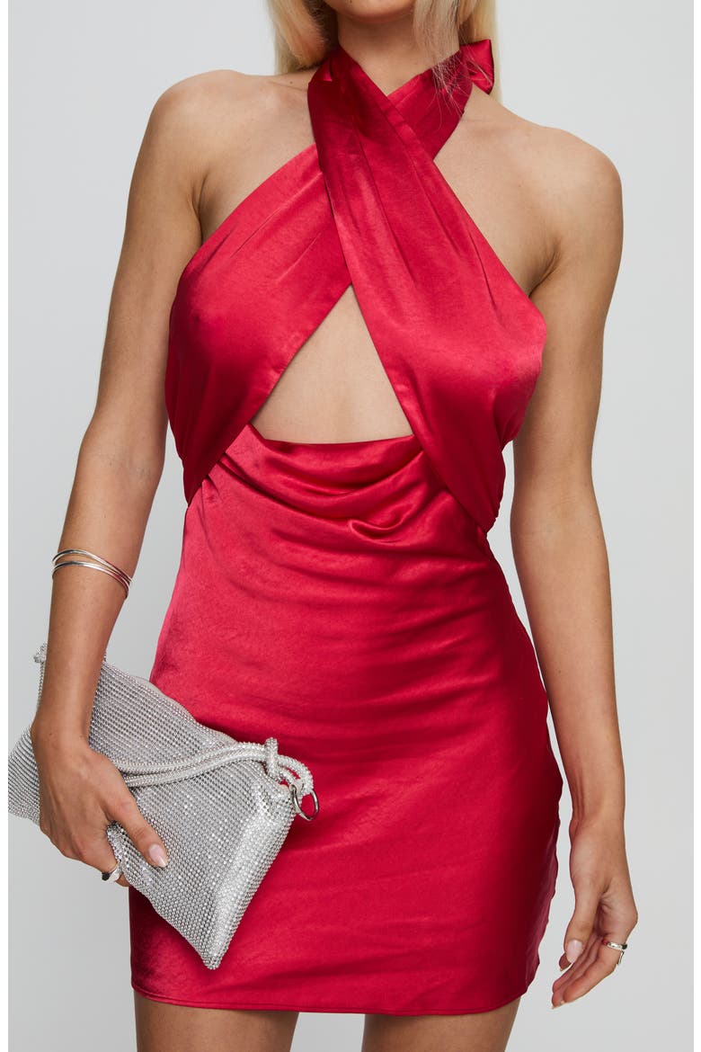 Aliya Cutout Halter Satin Minidress, Alternate, color, RED
