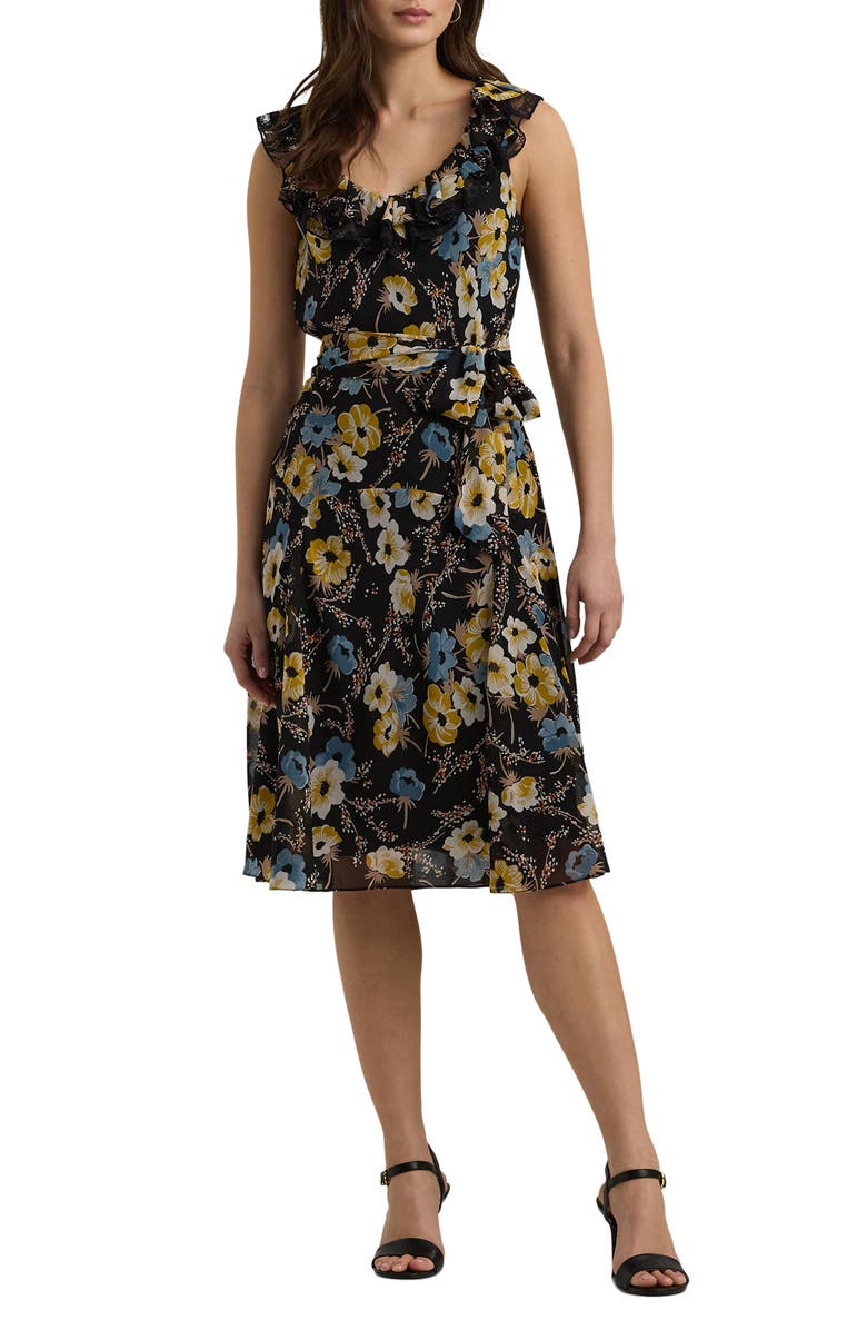 Lauren Ralph Lauren Floral Belted Crinkle Georgette Dress, Main, color, 