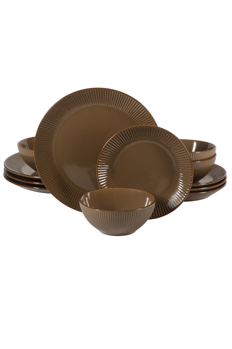 Plates and Bowls Set 12 Piece Ribbed Solid Color Dinnerware Set for 4, Main, color, Brown