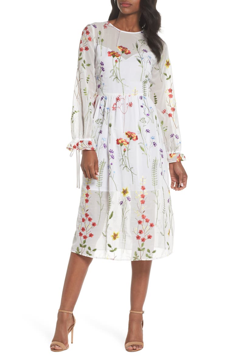 Sheer Embroidered Midi Dress, Main, color, WHITE EMBROIDERY FLORAL