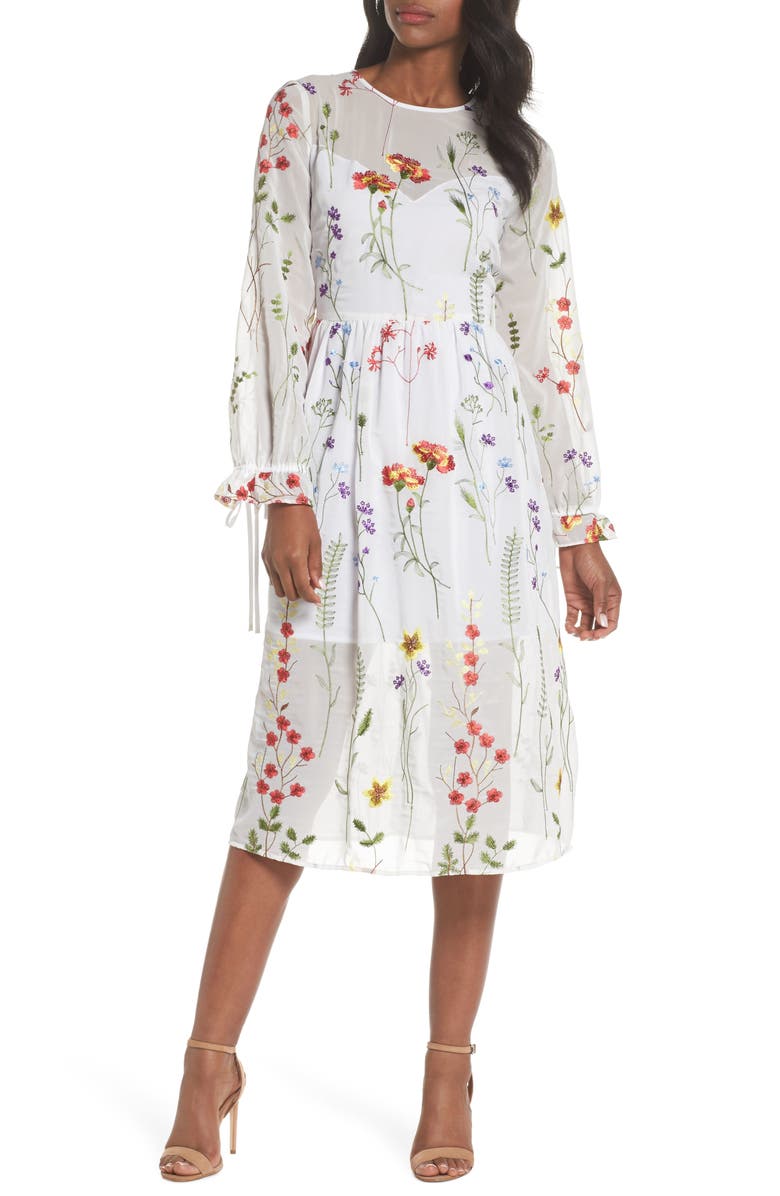 Chelsea28 Sheer Embroidered Midi Dress, Main, color, 