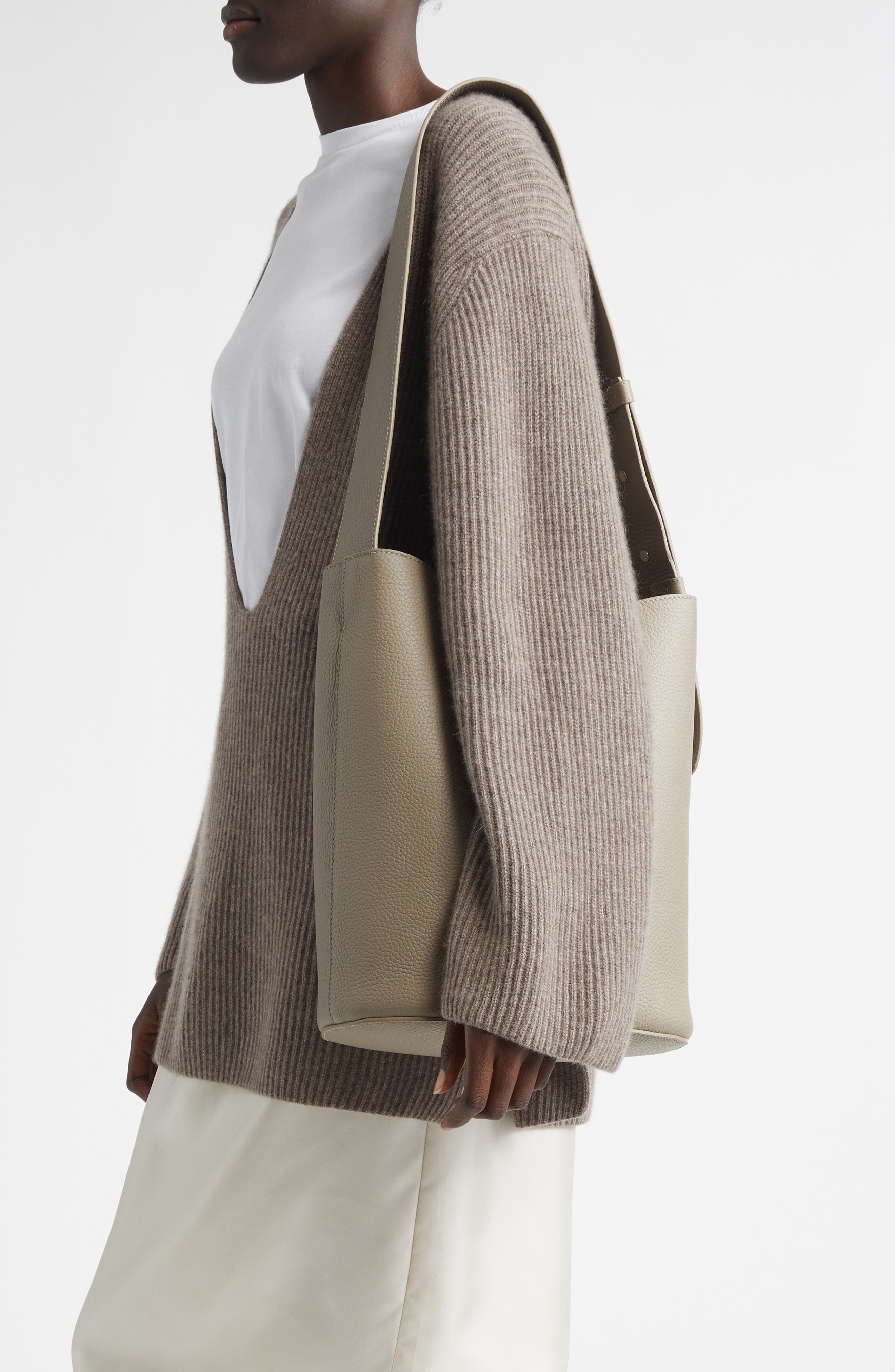 Lié Studio Norma Leather Bucket Tote, Alternate, color, Beige Grosgrain