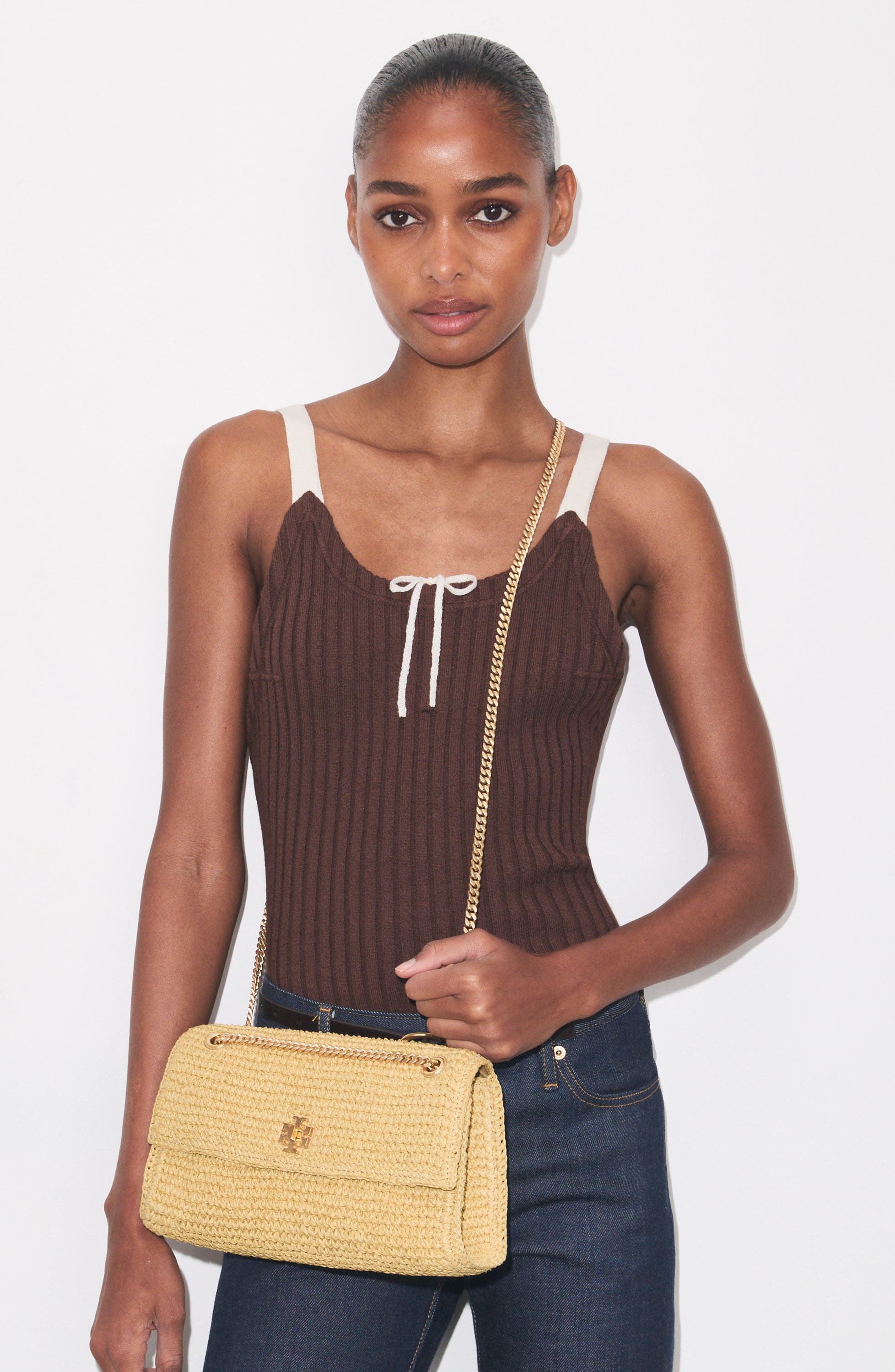 Tory Burch Kira Straw Shoulder Bag, Alternate, color, Natural