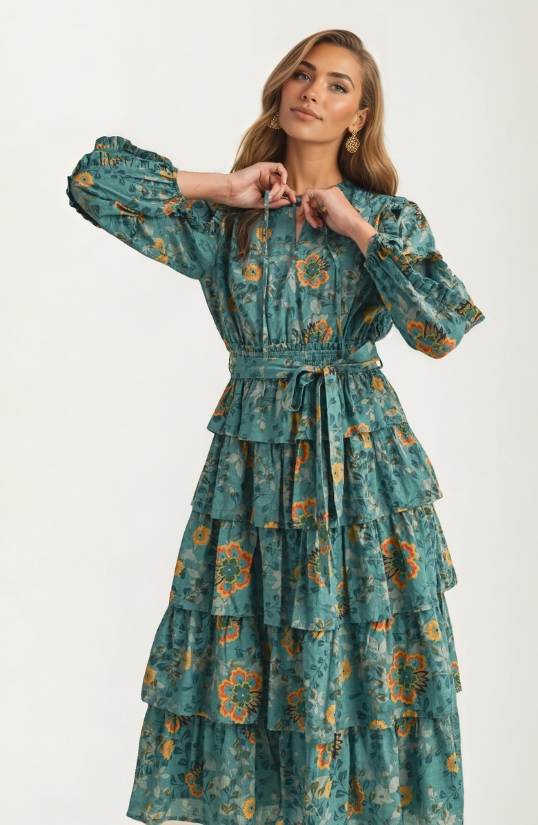 Knit and Lounge Tiered Ruffle Midi Dress with Belted Waist, Alternate, color, 