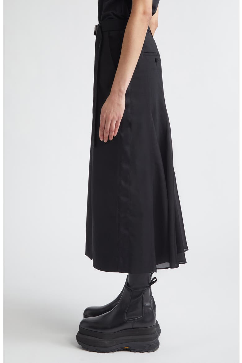 Belted Wool Suiting & Satin Pencil Skirt, Alternate, color, BLACK