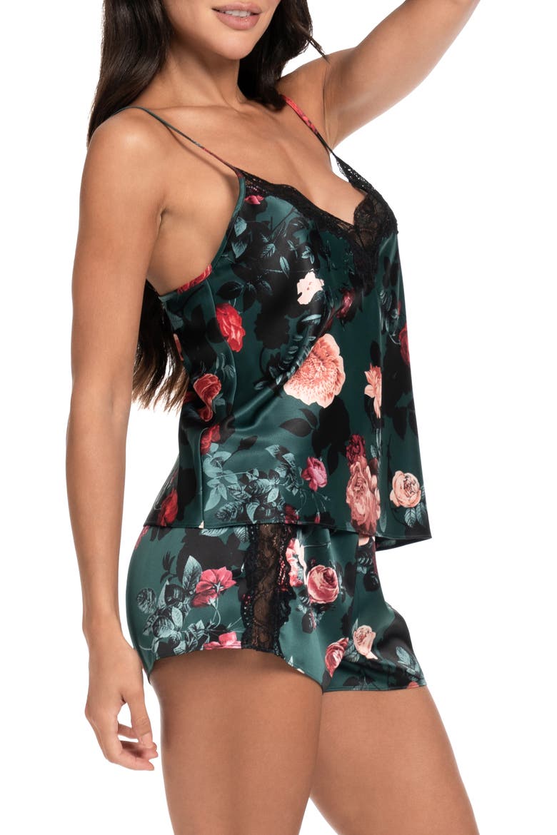 Lace Trim Satin Short Pajamas, Alternate, color, FOREST GREEN