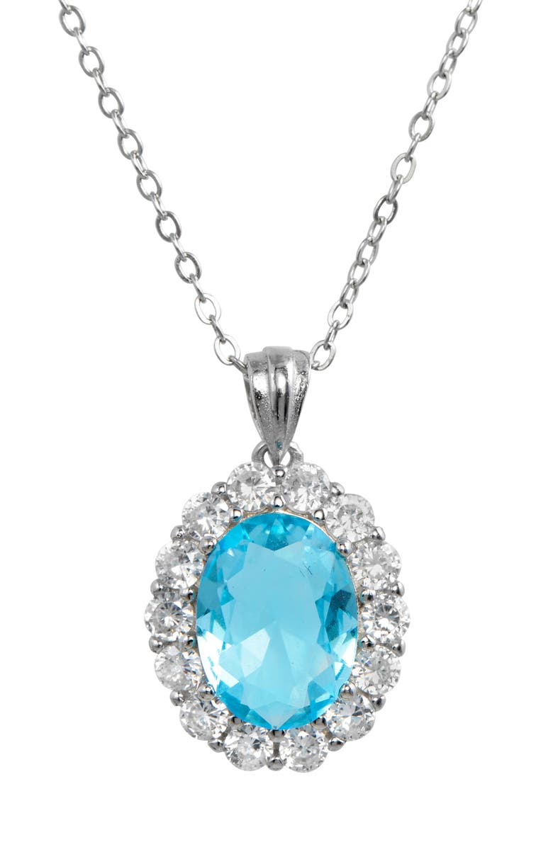 SAVVY CIE JEWELS Diana Cubic Zirconia Halo Pendant Necklace, Main, color, Laguna Blue
