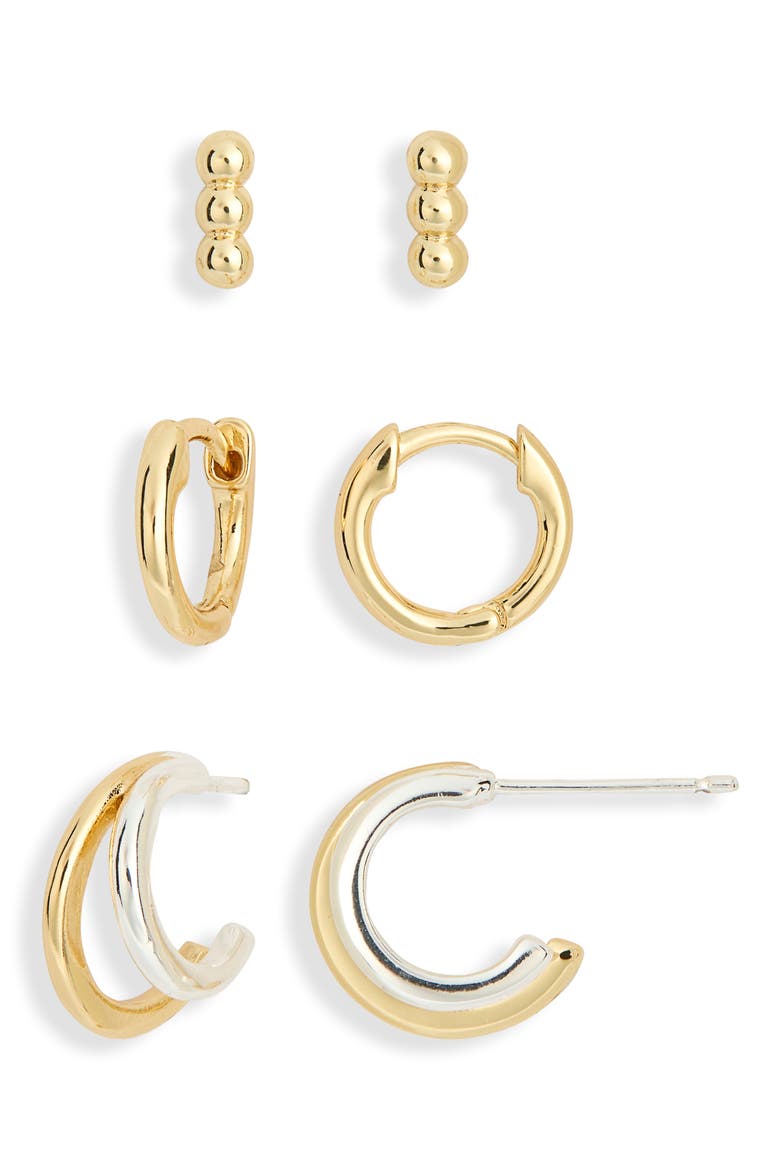 Demi Fine Set of 3 Huggie Hoop Earrings, Main, color, GOLD- SILVER