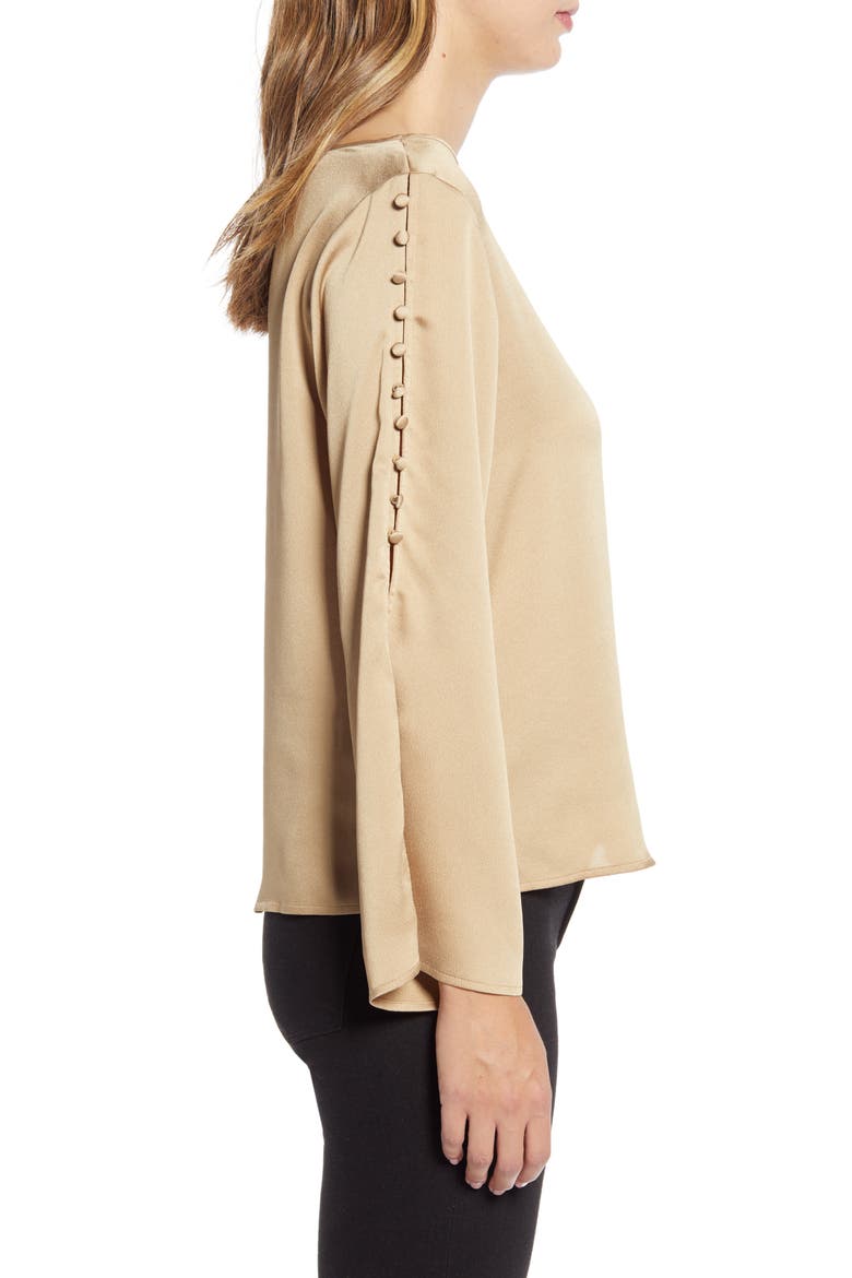 Button Detail Slit Sleeve Hammered Satin Top, Alternate, color, LATTE
