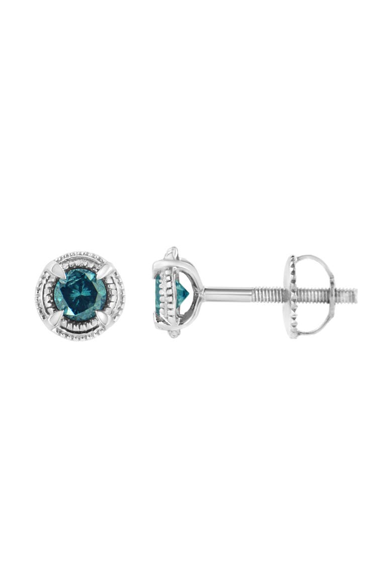 Silver 1 1/2 Ct Blue Diamond Solitaire Milgrain Stud Earrings, Alternate, color, Blue Diamond
