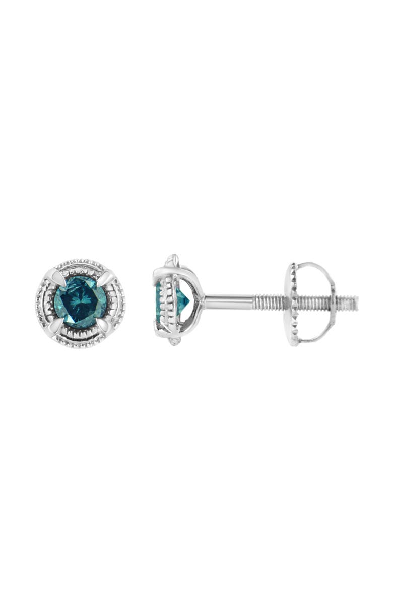 Haus of Brilliance Silver 1 1/2 Ct Blue Diamond Solitaire Milgrain Stud Earrings, Alternate, color, Blue Diamond