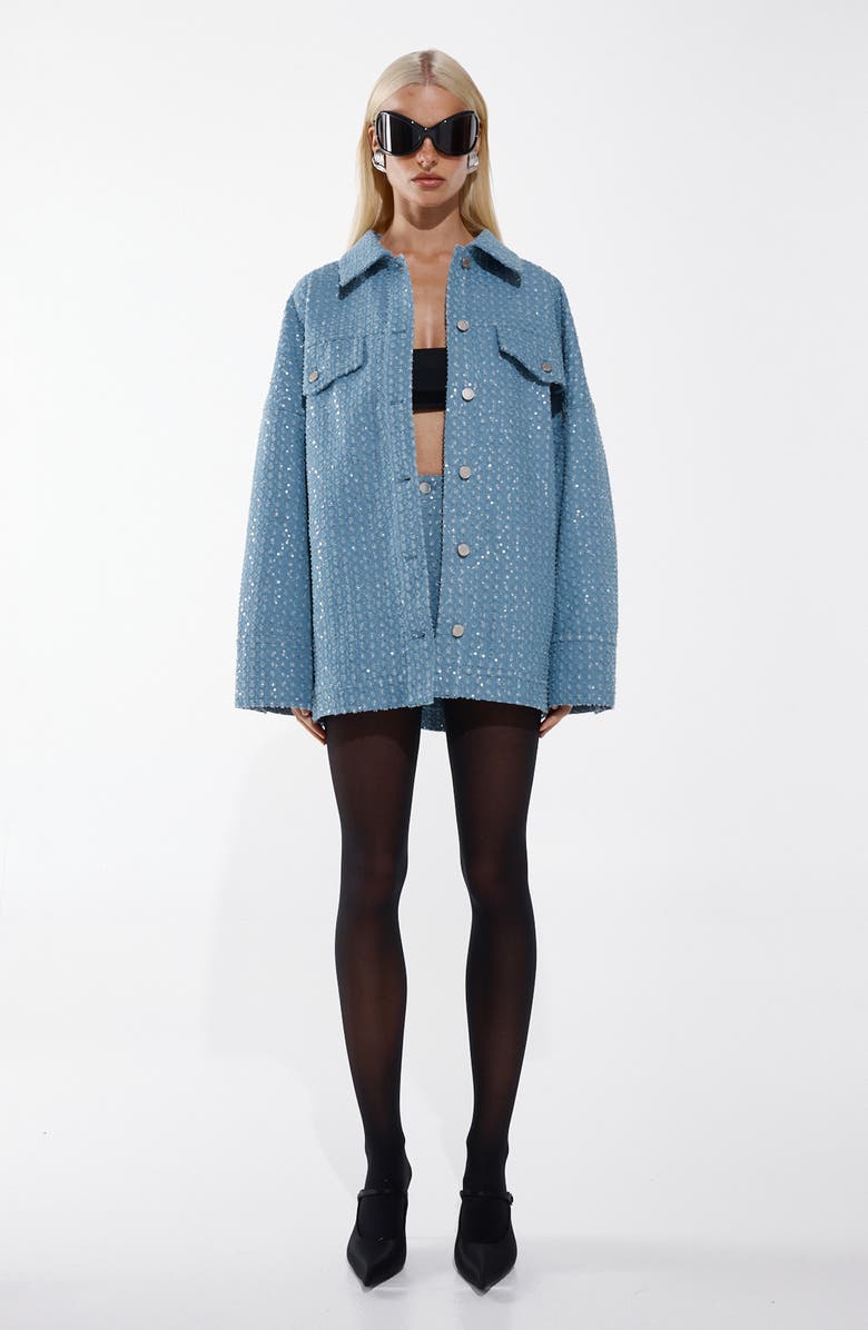 BY.DYLN Sequin Embellished Distressed Denim Jacket, Alternate, color, 