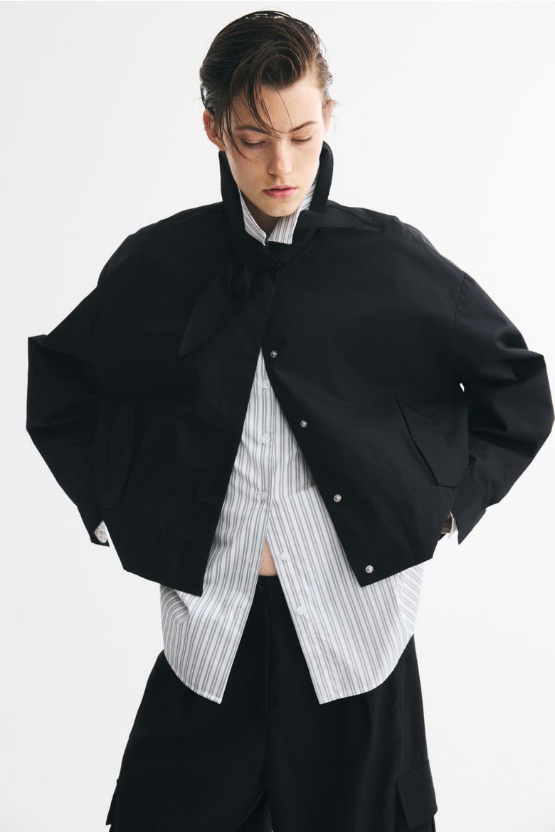 Scarf-Collar Bubble-Hem Jacket, Alternate, color, Black