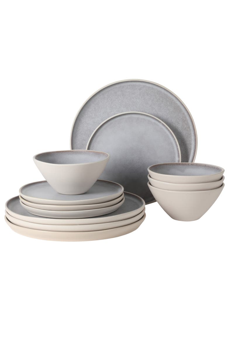 Coastal Forest 12-Piece Triple Reactive Glaze Stoneware Dinnerware Set, Main, color, Light Grey/Linen