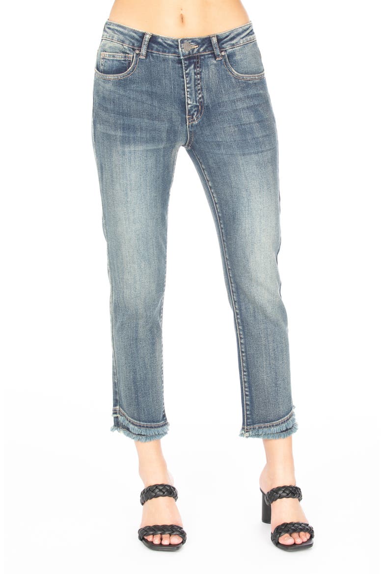 Olivia Double Frayed Hem Mid Rise Ankle Slim Jeans, Main, color, MEDIUM INDIGO