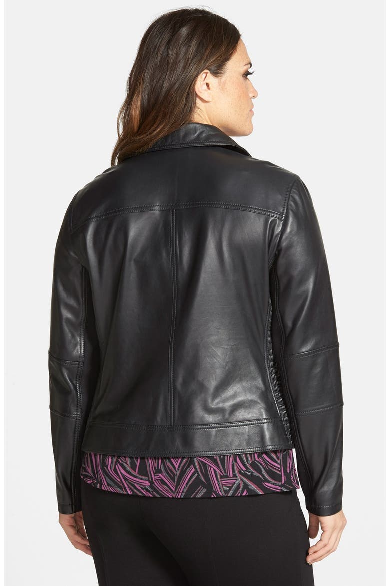 Smocked Side Leather Moto Jacket, Alternate, color, BLACK