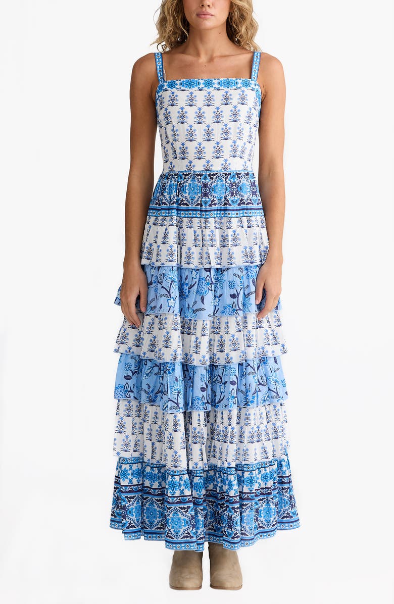 Talisman the Label Paloma Mixed Print Tiered Cotton Maxi Dress, Main, color, Blueberry Fields