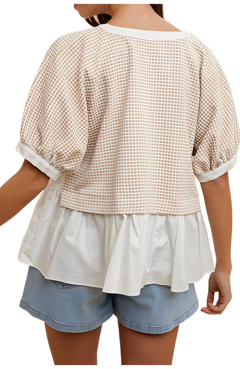 Knit and Lounge Contrast Hem Grid Blouse, Alternate, color, Beige