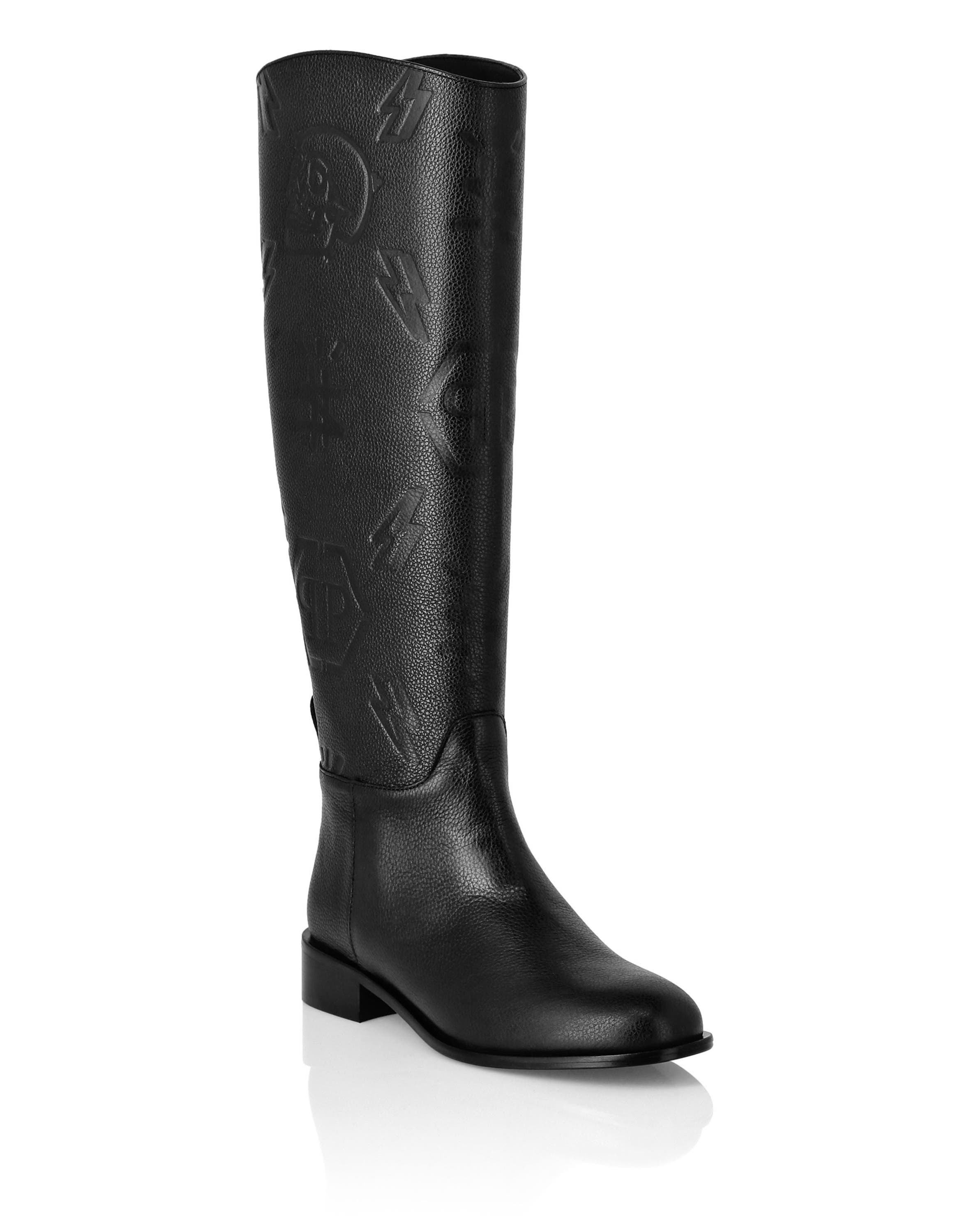 Leather Lo-Heels Mid Boots Monogram Women, Main, color, black