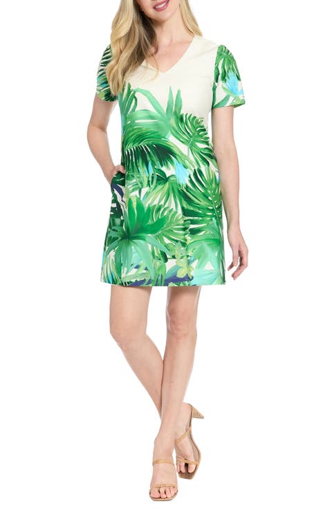 Tropical Print Short Sleeve Stretch Cotton Sheath Dress (Petite)