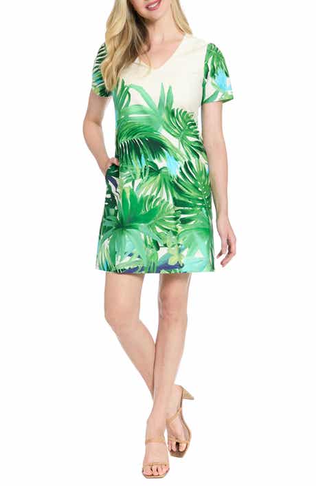 London Times Tropical Print Short Sleeve Stretch Cotton Sheath Dress