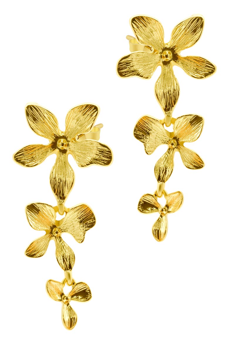 14k Yellow Gold Plated Three Petal Drop Earrings, Main, color, GOLD