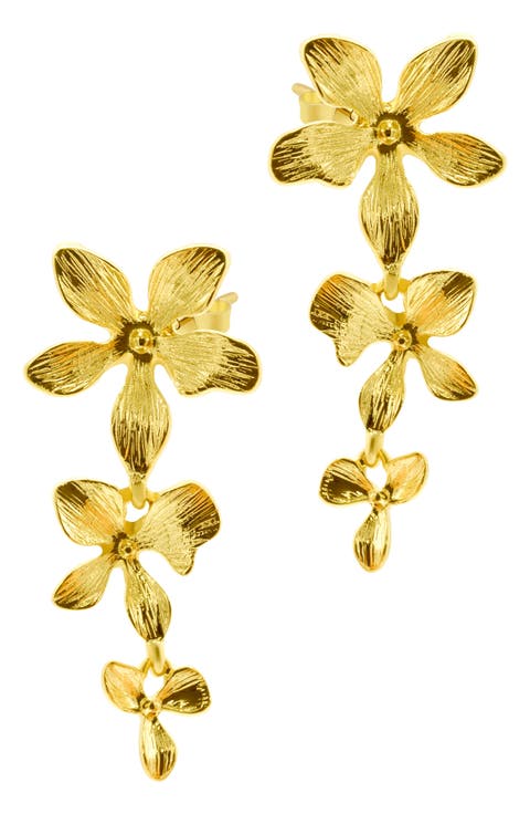 14k Yellow Gold Plated Three Petal Drop Earrings