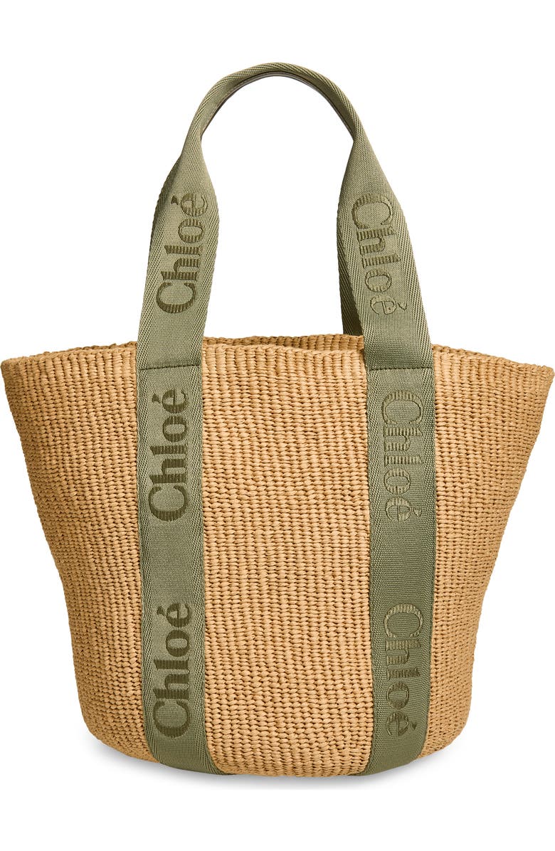 Chloé Large Woody Straw Basket Tote, Main, color, Aloe Green