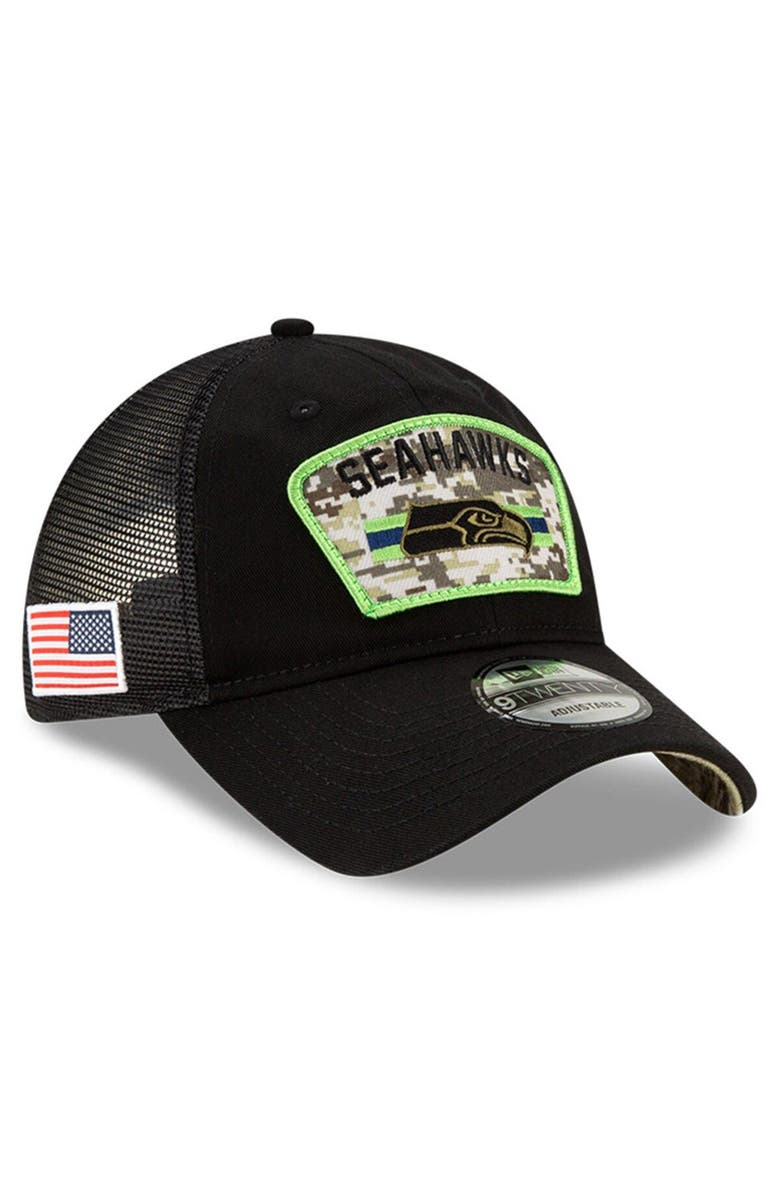 New Era Men's New Era Black Seattle Seahawks 2021 Salute To Service Trucker 9TWENTY Adjustable Hat, Main, color, 