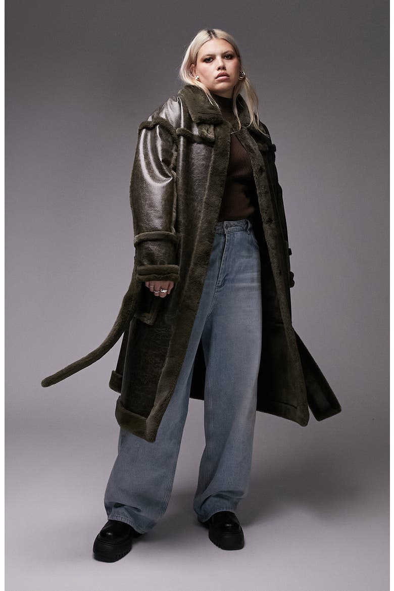 Curve Faux Fur Trim Longline Aviator Coat, Main, color, DARK GREEN