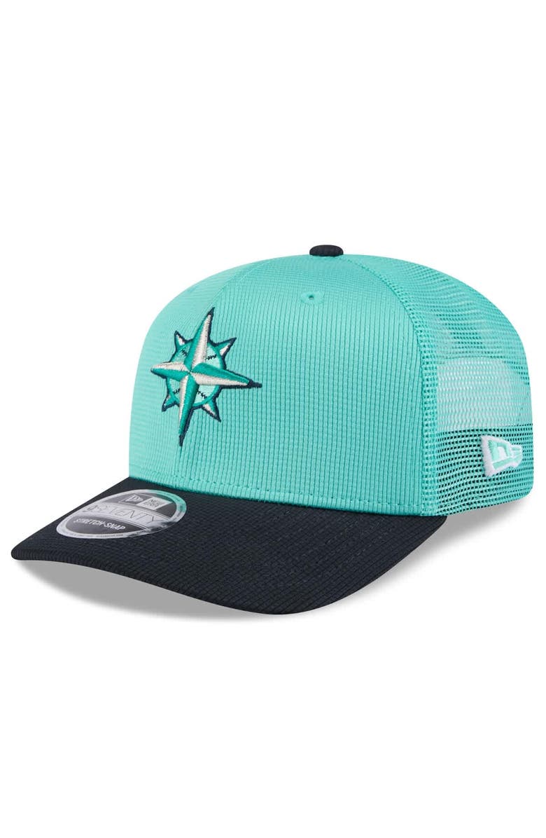 New Era Men's New Era Aqua/Navy Seattle Mariners 2025 Spring Training 9SEVENTY Stretch-Snap Trucker Hat, Main, color, Aqua
