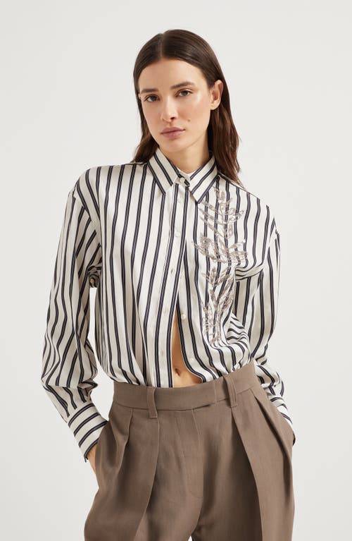 Brunello Cucinelli White Shirt With Floral Embroidery On The Front And All-over Striped Motif In Black