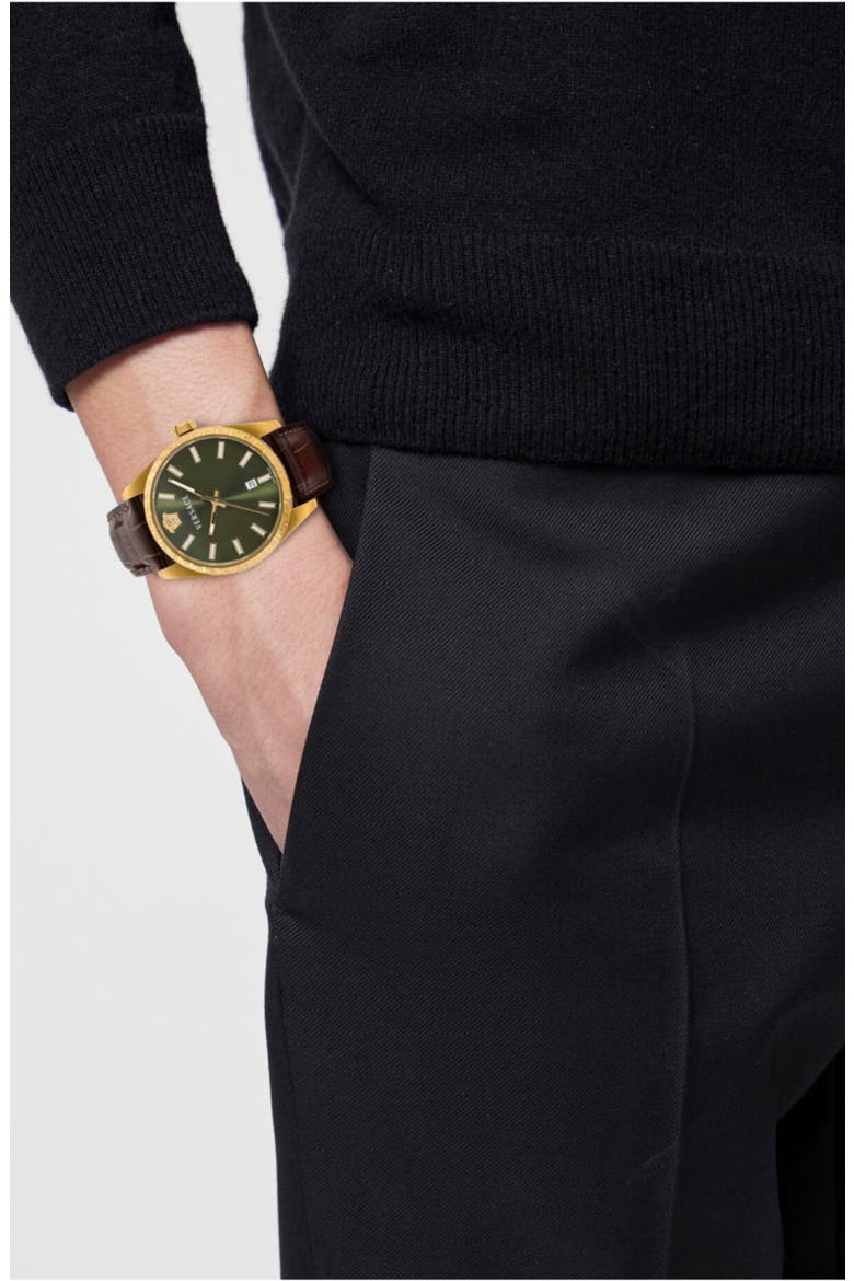 Millenyium Leather Strap Watch, 40mm, Alternate, color, IP YELLOW GOLD