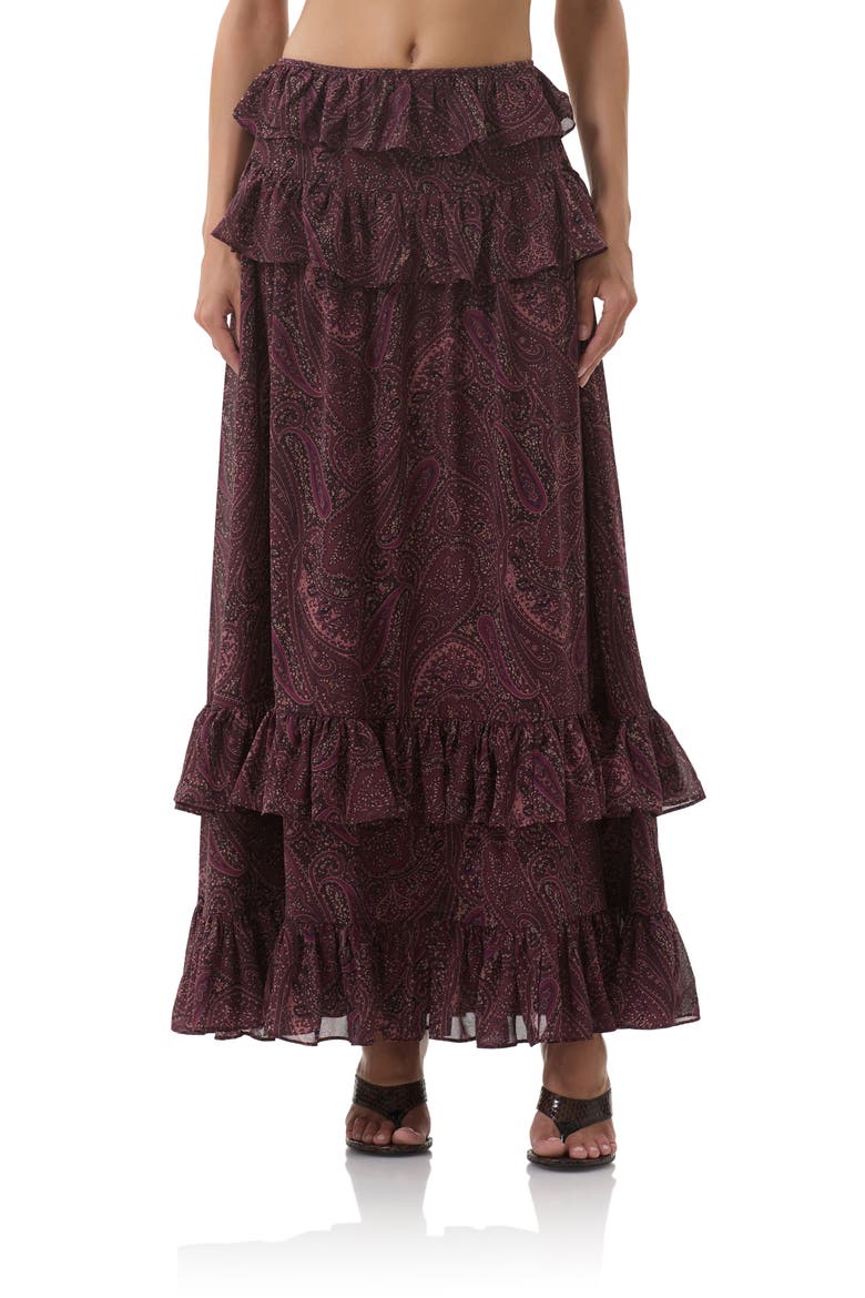 Pierre Tiered Maxi Skirt, Main, color, CHOCOLATE PAISLEY