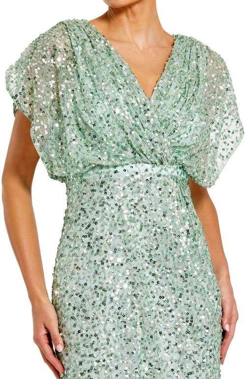 Mac Duggal Draped Sleeves Ruched Waist Detail V-neck Gown In Green