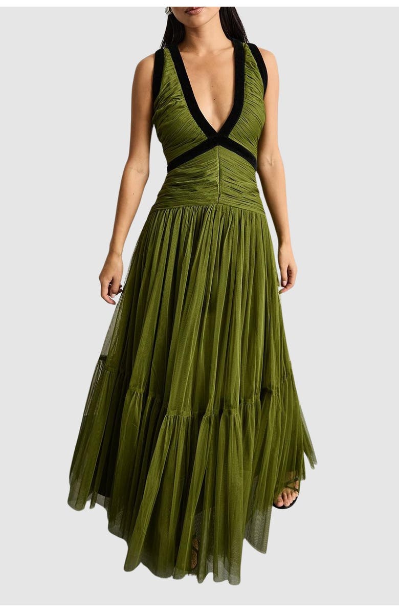 Warehouse Petite Velvet Trim Tulle Maxi Dress, Alternate, color, Green