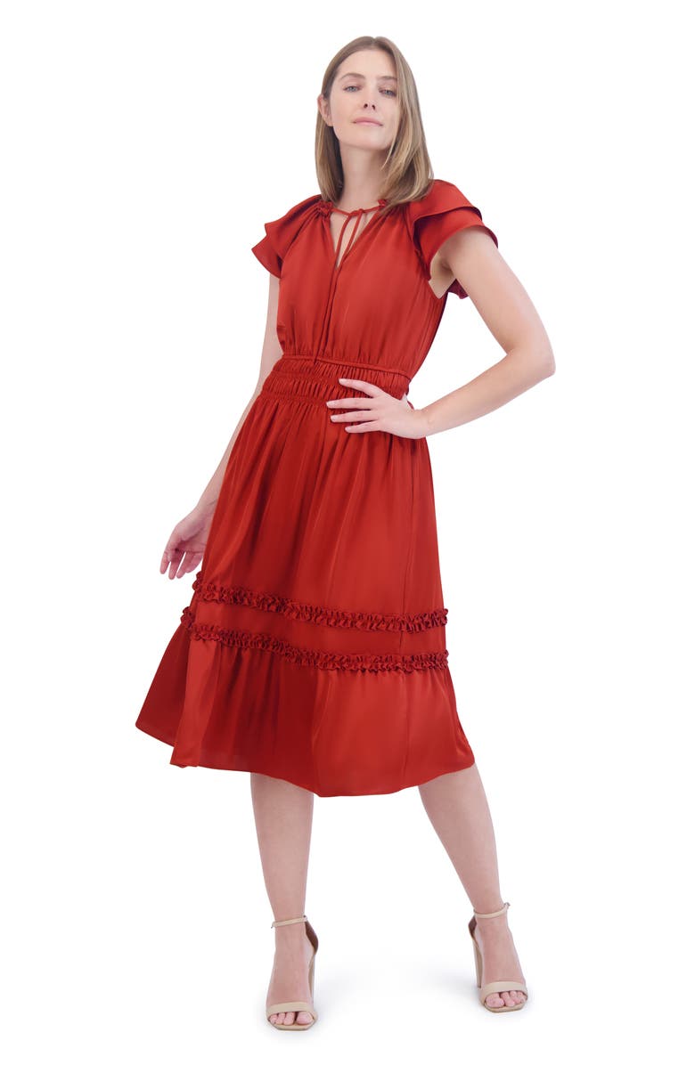 Eliza J Tiered Ruffle Sleeve Tie Neck Midi Dress, Alternate, color,