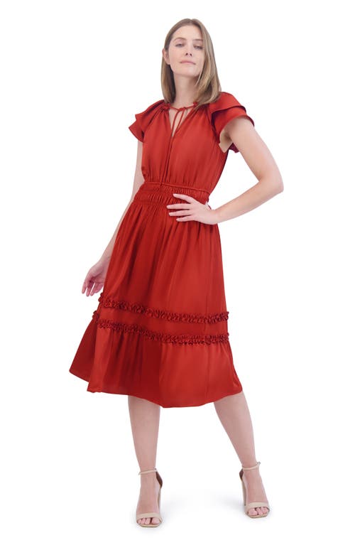 Shop Eliza J Tiered Ruffle Sleeve Tie Neck Midi Dress In Rust