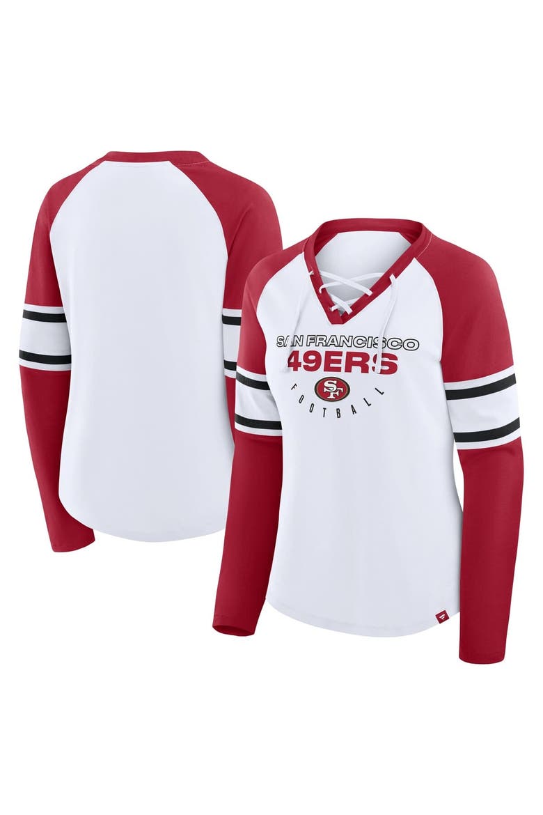Women's Fanatics White/Scarlet San Francisco 49ers Redzone Blitz Package Raglan Lace-Up V-Neck Long Sleeve T-Shirt, Main, color, White