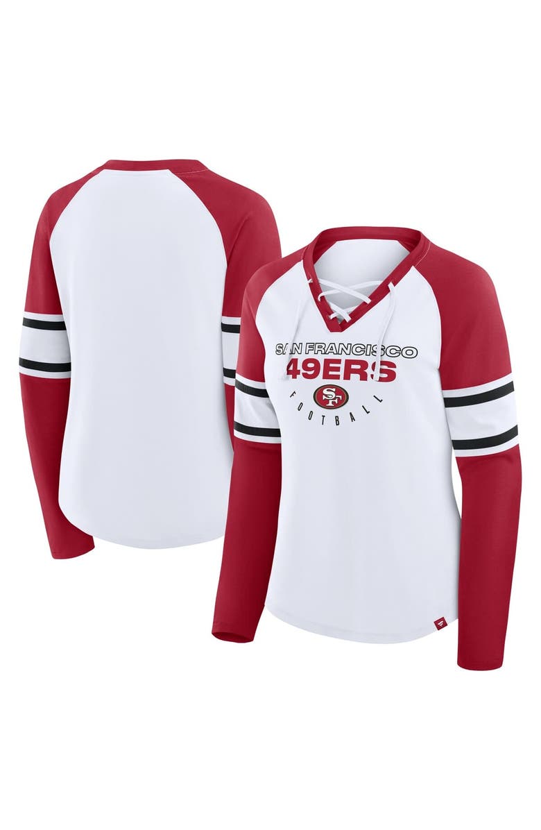 FANATICS Women's Fanatics White/Scarlet San Francisco 49ers Redzone Blitz Package Raglan Lace-Up V-Neck Long Sleeve T-Shirt, Main, color, White