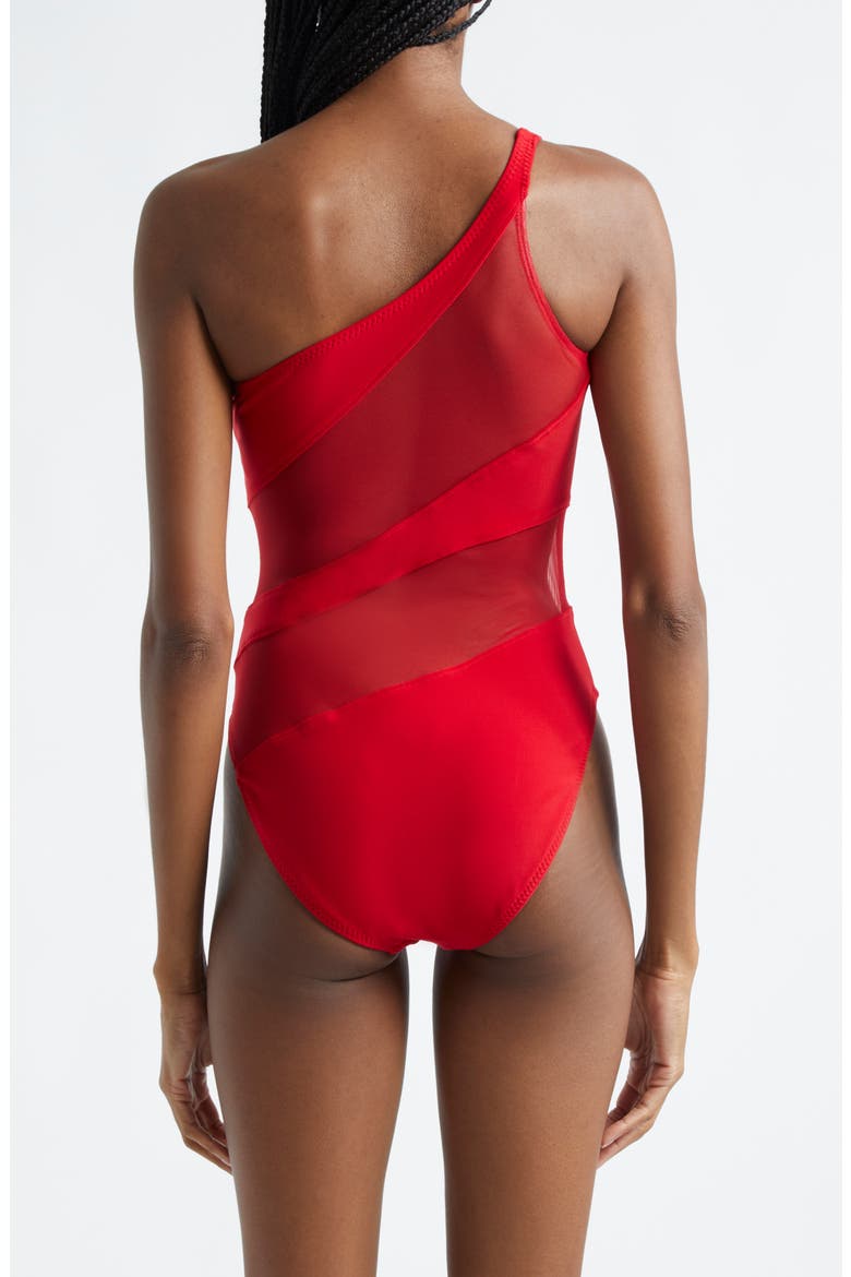 Snake Mesh Inset One-Shoulder One-Piece Swimsuit, Alternate, color, TIGER RED/ TIGER RED