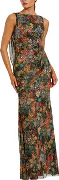 Mac Duggal High Neck Printed Mesh Cowl Back Column Gown
