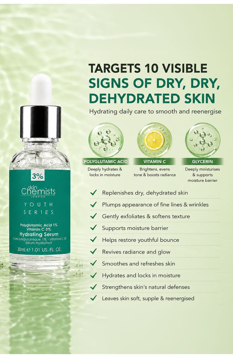 SKINCHEMISTS Youth Series Hydrating Serum Polyglutamic Acid 1%, Vitamin C 3% 30ml for Brightening, Dark Spots, Alternate, color, White