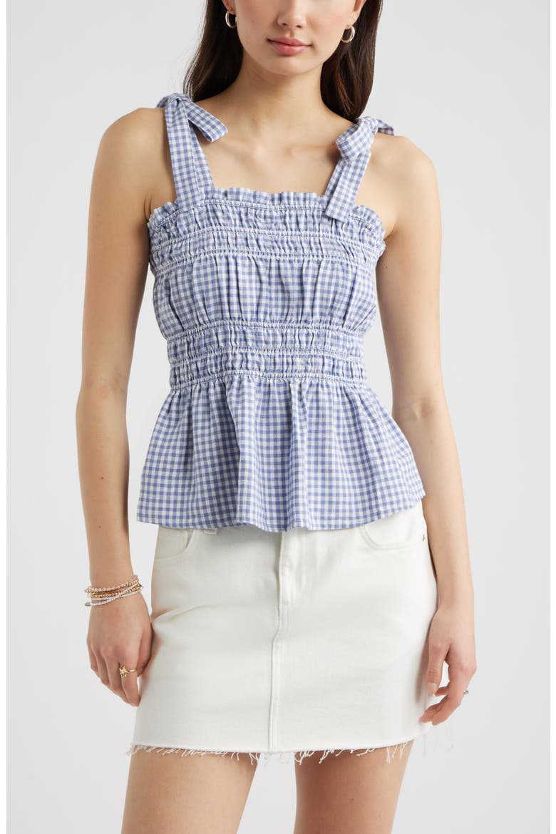 Gingham Shirred Linen Blend Top, Main, color, BLUE- WHITE DEMI GINGHAM