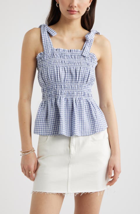 Gingham Shirred Linen Blend Top