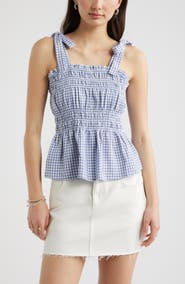 BP. Gingham Shirred Linen Blend Top