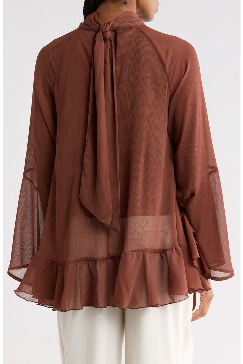 Mixed Print Tie Neck Long Sleeve Top, Alternate, color, BROWN